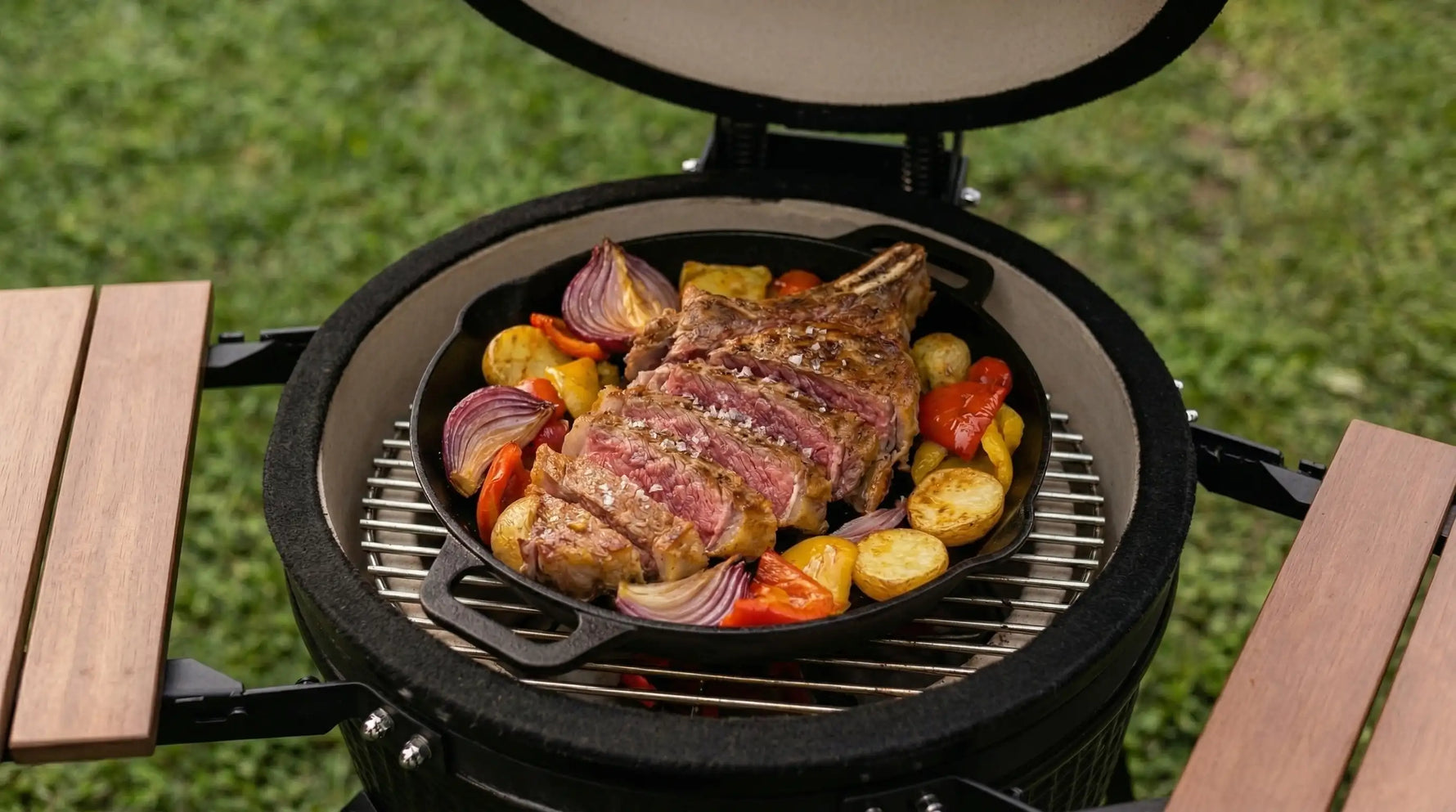 Côte de bœuf juteuse tranchée au Kamado Forest Grill avec légumes rôtis, cuisson précise au barbecue céramique