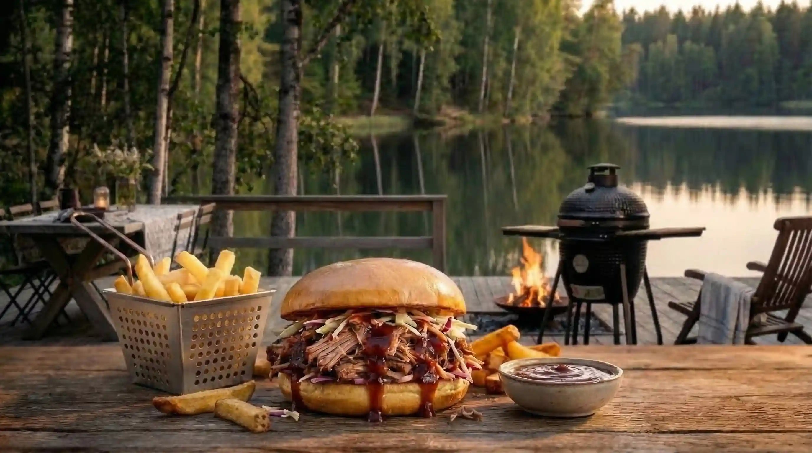 Burger pulled pork devant un kamado.