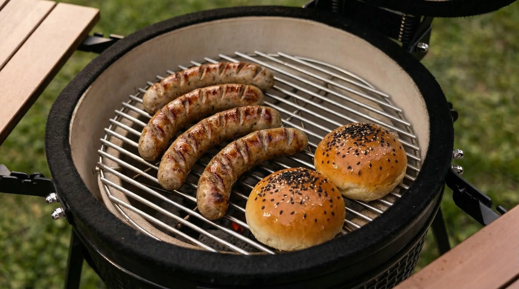 Saucisses de Thuringe et pains burger en cuisson directe sur la grille d'un Kamado Forest Grill.