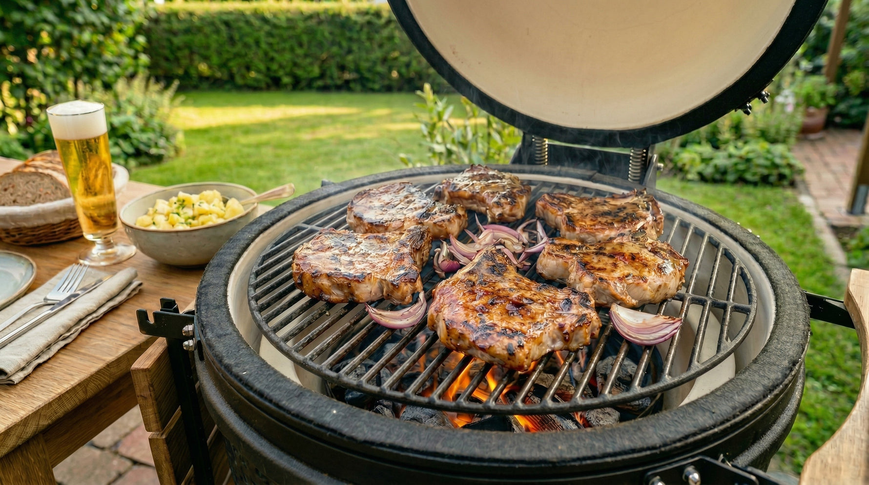 échines de porc marinées au kamado, grillade allemande avec pommes de terre et bière