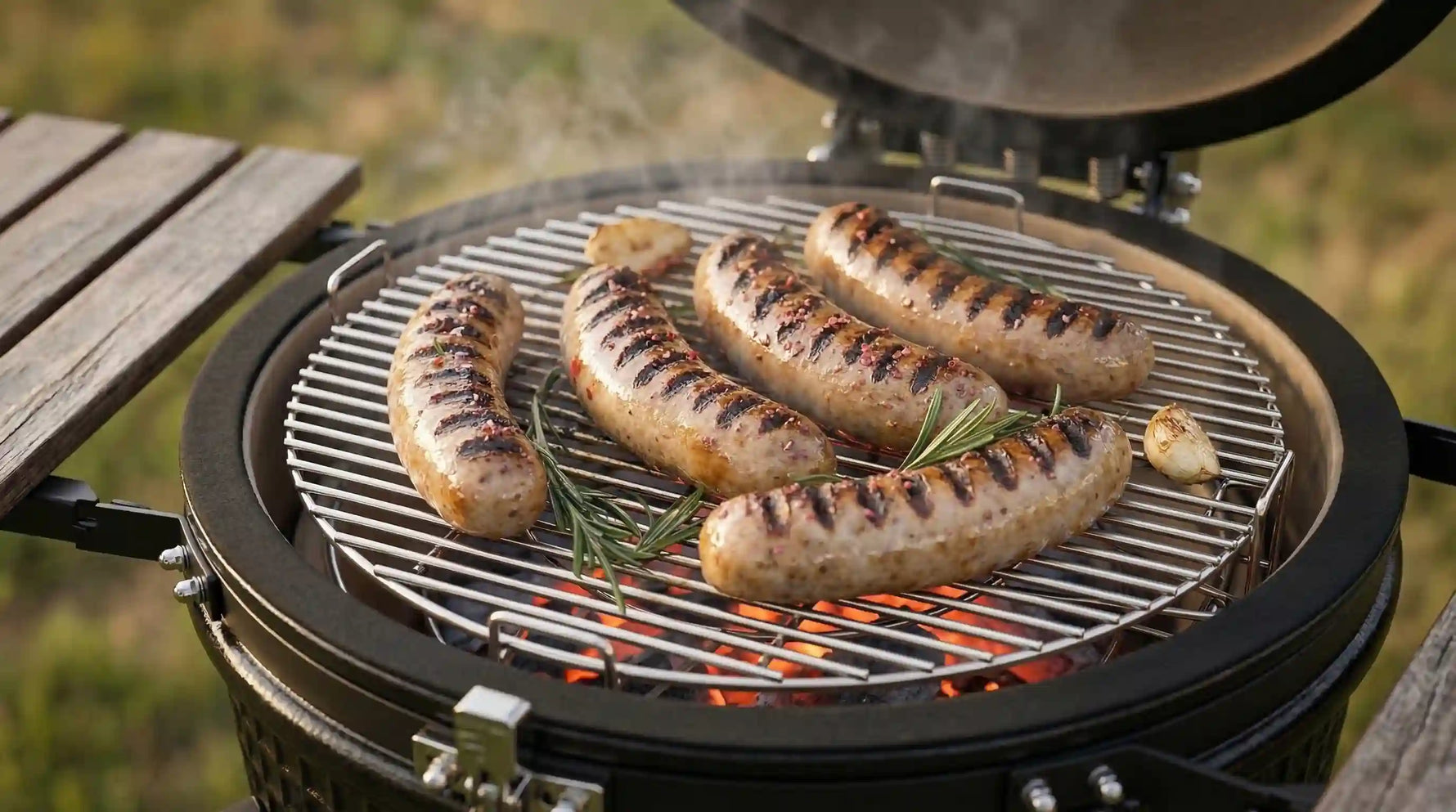 Burger pulled pork devant un kamado.