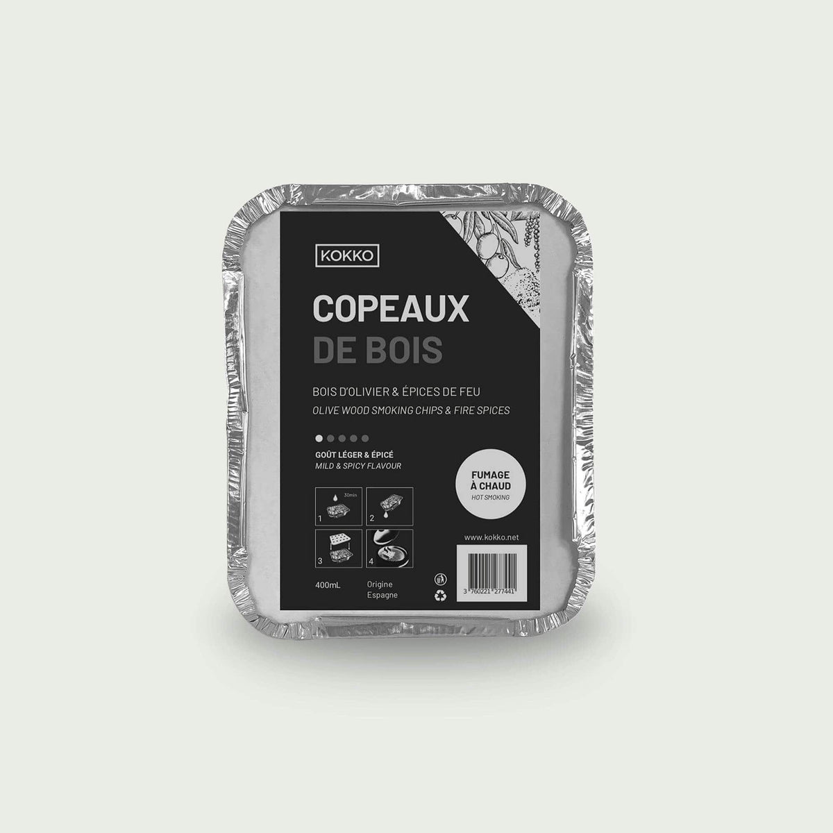 Boîte de copeaux de bois d’olivier et épices de feu, mélange aromatique pour un fumage à chaud riche en saveurs.