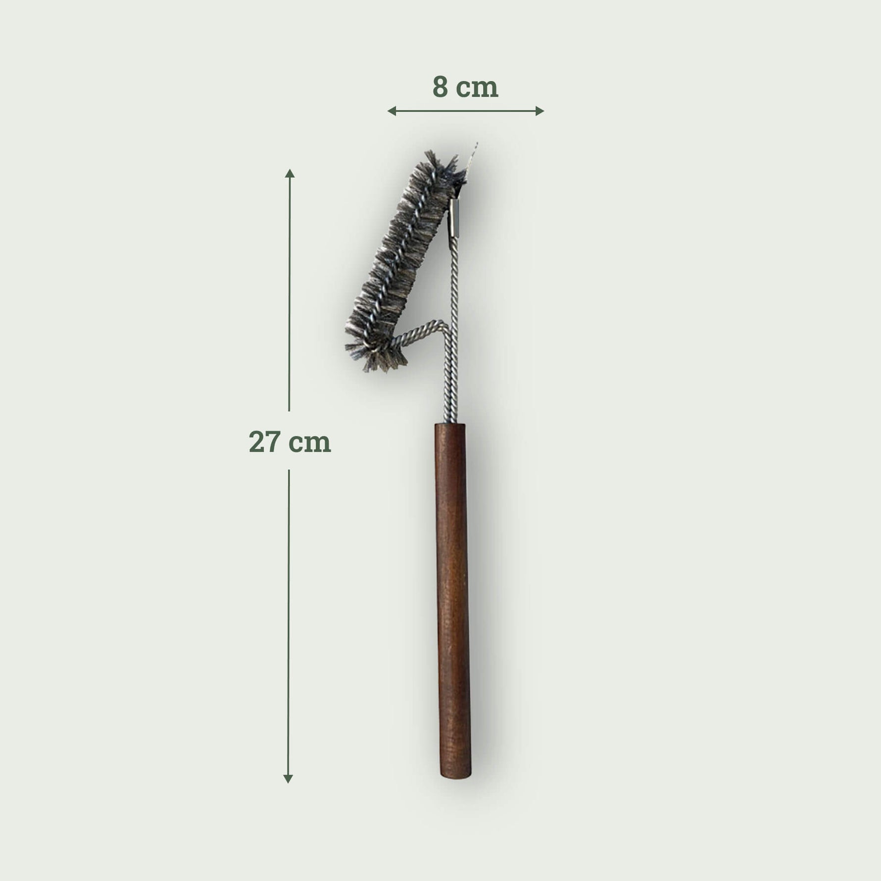 Brosse de nettoyage pour grille de barbecue en acier inoxydable de 27 cm de long et 8 cm de large, avec manche en bois pour un entretien facile du Kamado Forest Grill.