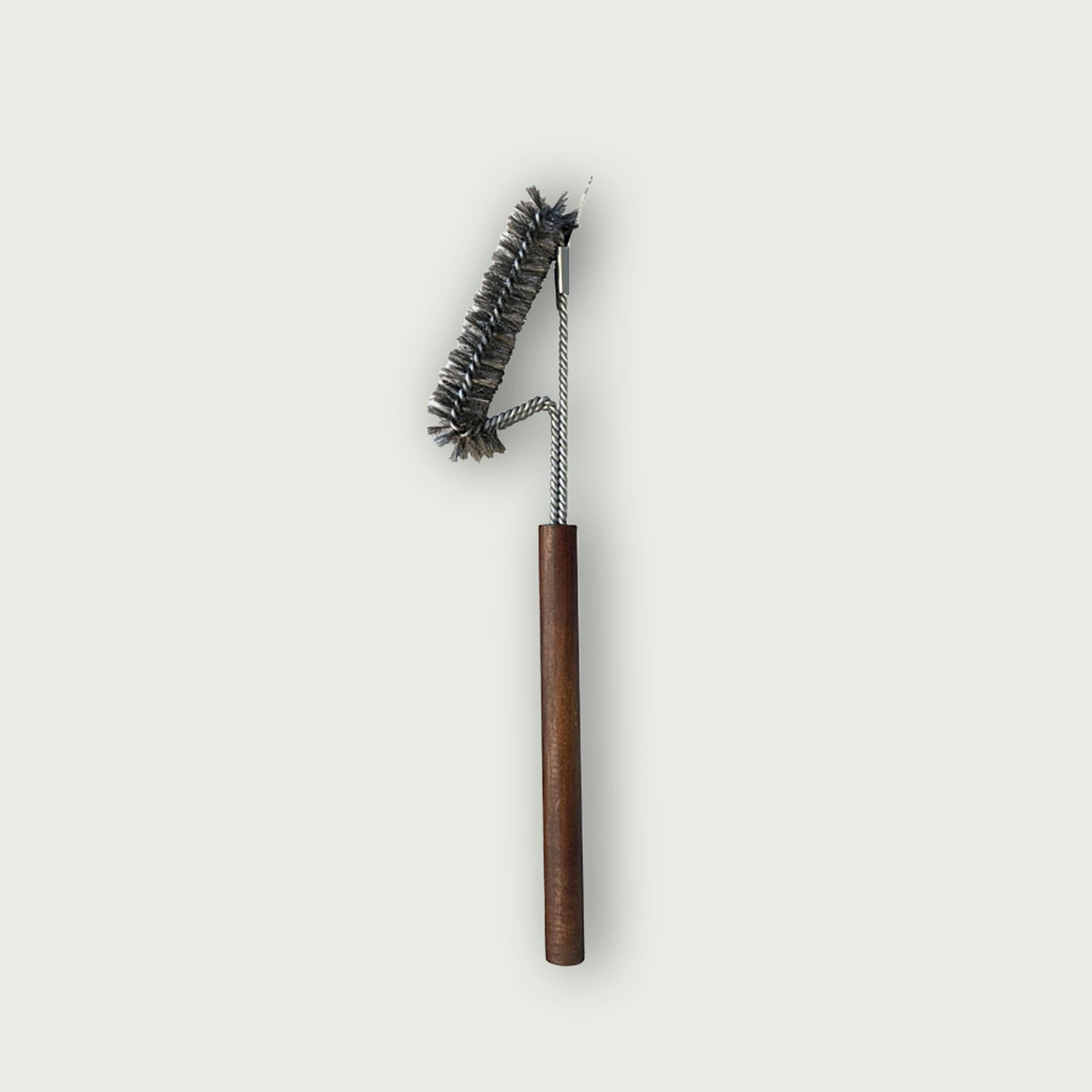 Brosse de nettoyage pour grille de barbecue avec manche en bois et tête en acier inoxydable torsadé, idéale pour éliminer les résidus de cuisson du Kamado.