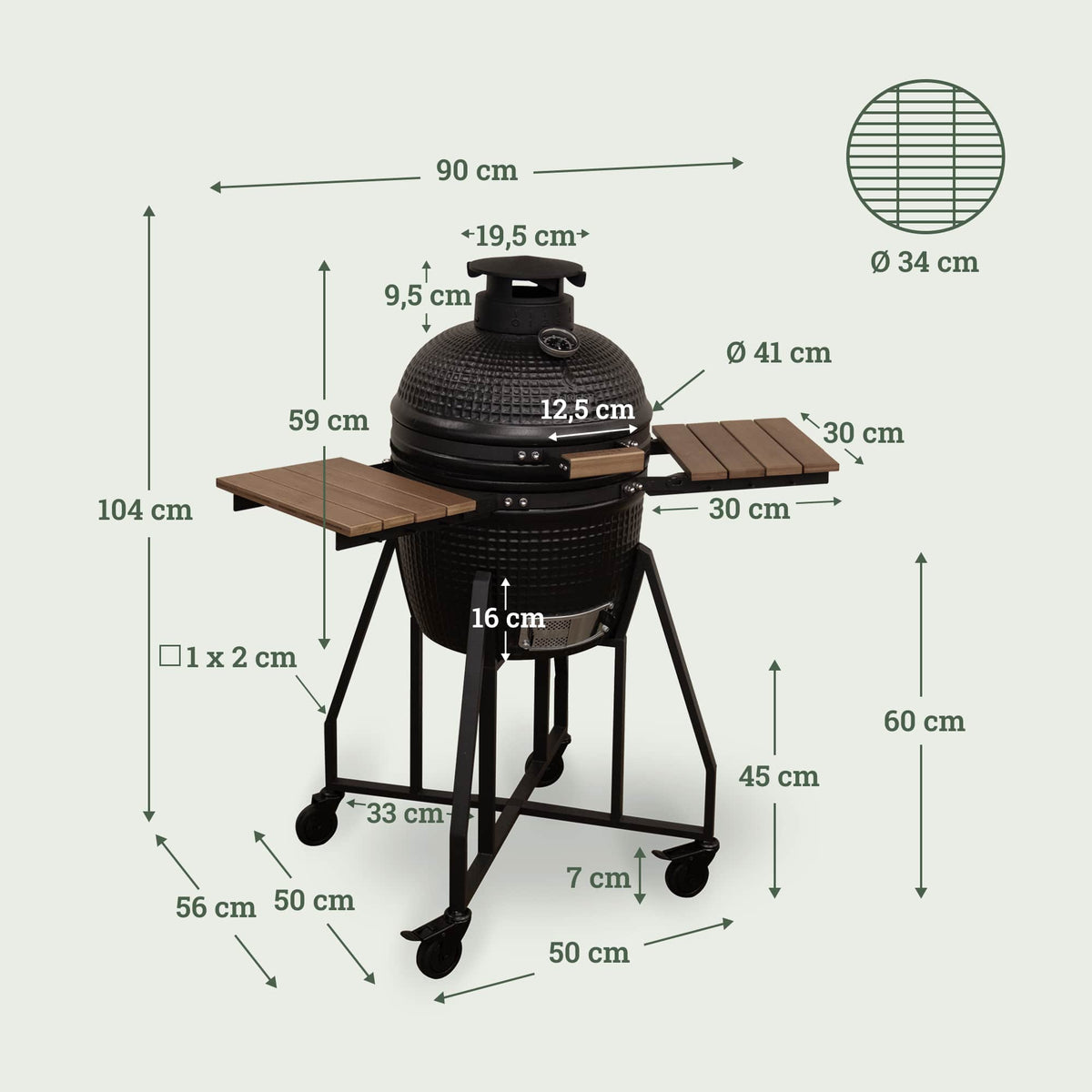 Schéma du barbecue Kamado Forest Grill 16" sur son chariot à roulettes, avec tablettes latérales en bois et couvercle en céramique noire texturée, présenté sur fond clair.