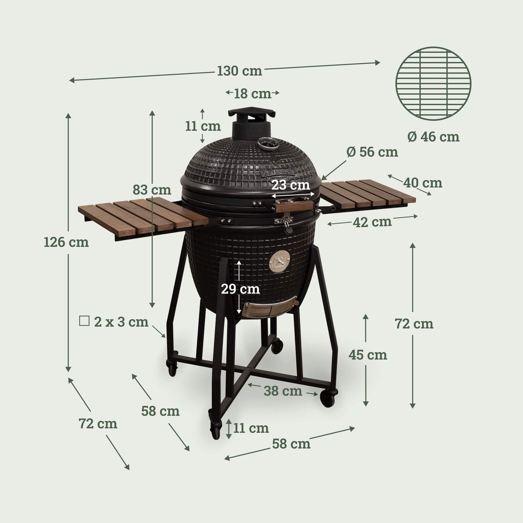 Schéma du barbecue Kamado Forest Grill 22" montrant le design complet avec chariot robuste, tablettes latérales en bois et couvercle en céramique noire, présenté sur fond clair.