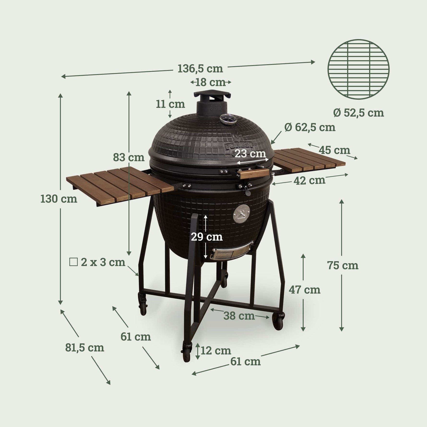 Schéma du grand barbecue Kamado Forest Grill 25" avec chariot à quatre roulettes, larges tablettes latérales en bois et céramique noire texturée, sur fond clair.