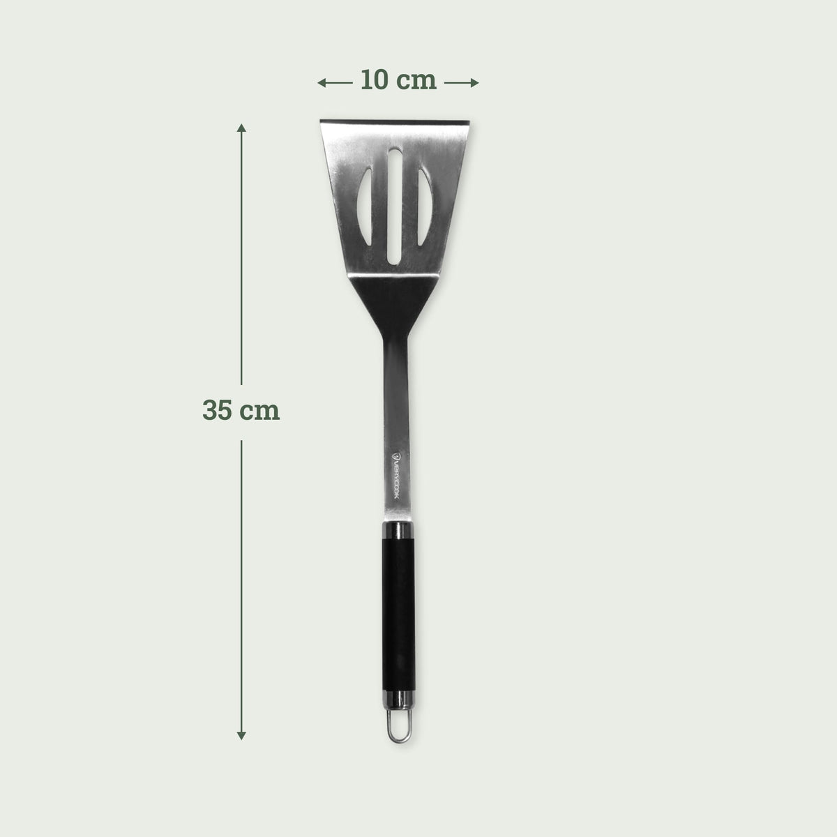 Spatule longue XL en inox avec manche noir, dimensions 35 cm de long et tête de 10 cm de large.