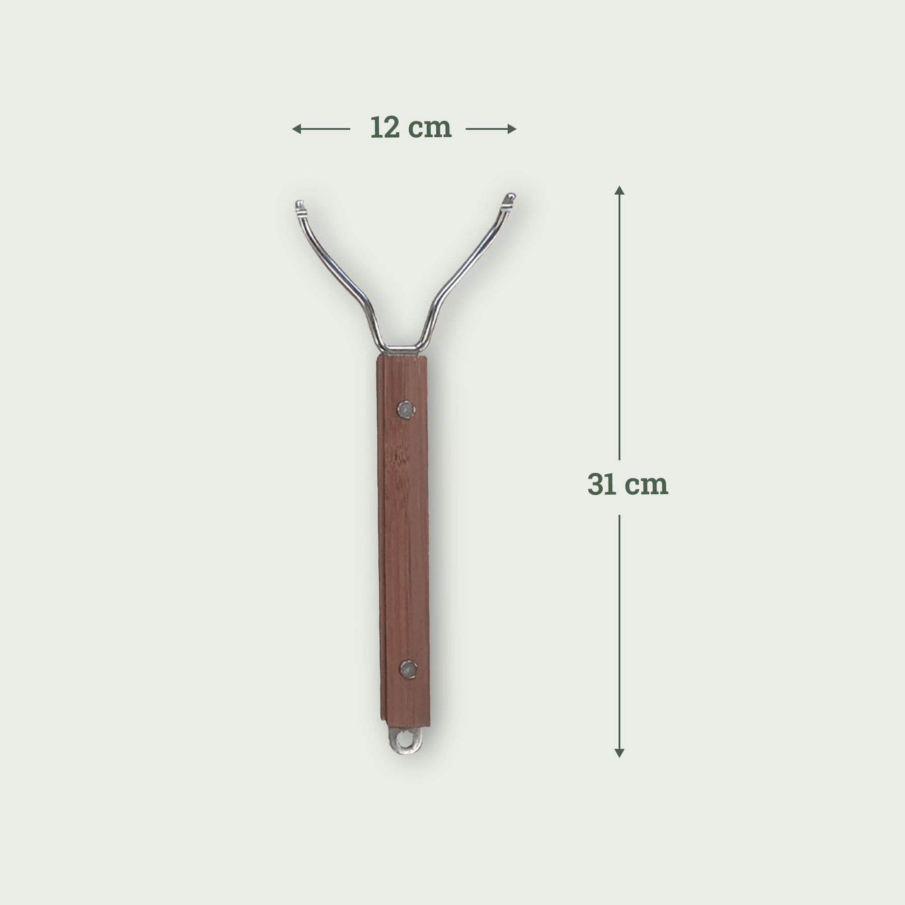 Poignée en inox avec manche en bois mesurant 31 cm de long et 12 cm de large, conçue pour soulever facilement la grille de cuisson du barbecue Kamado.