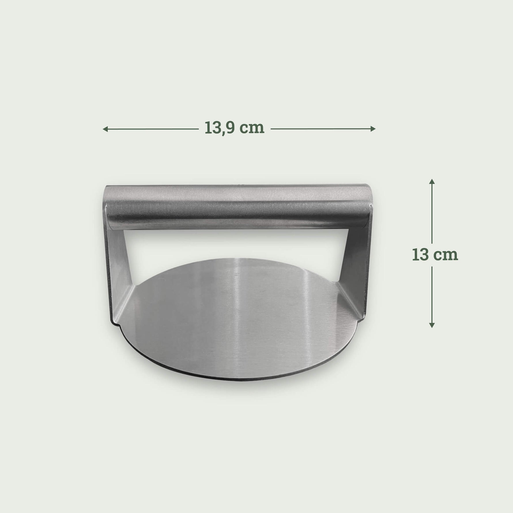 Presse à smash burger en acier inoxydable mesurant 13,9 cm de large et 13 cm de haut, idéale pour aplatir la viande et obtenir une cuisson parfaite sur le barbecue.
