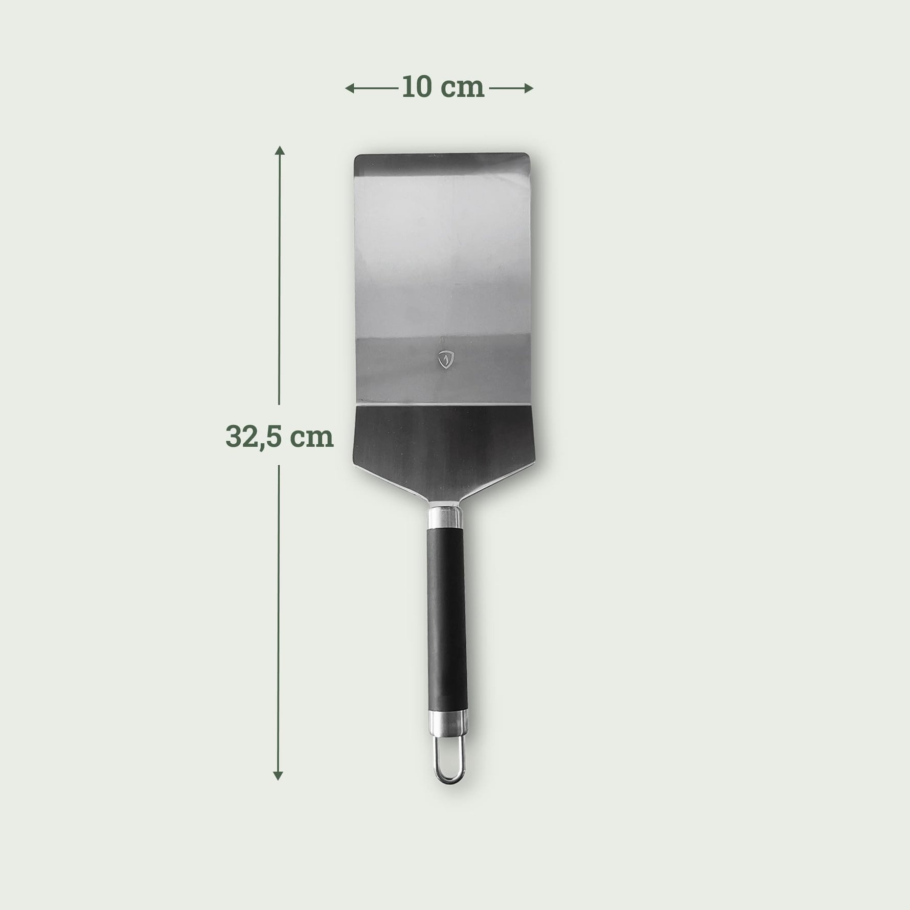 Spatule XL en inox avec manche noir, dimensions 32,5 cm de long et tête de 10 cm de large.