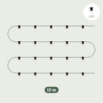 Illustration d’une guirlande lumineuse extérieure Forest Grill de 10 mètres, comprenant 20 ampoules LED rondes fixées sur un câble noir, parfaite pour décorer un balcon, une terrasse ou un jardin avec une lumière douce et élégante.