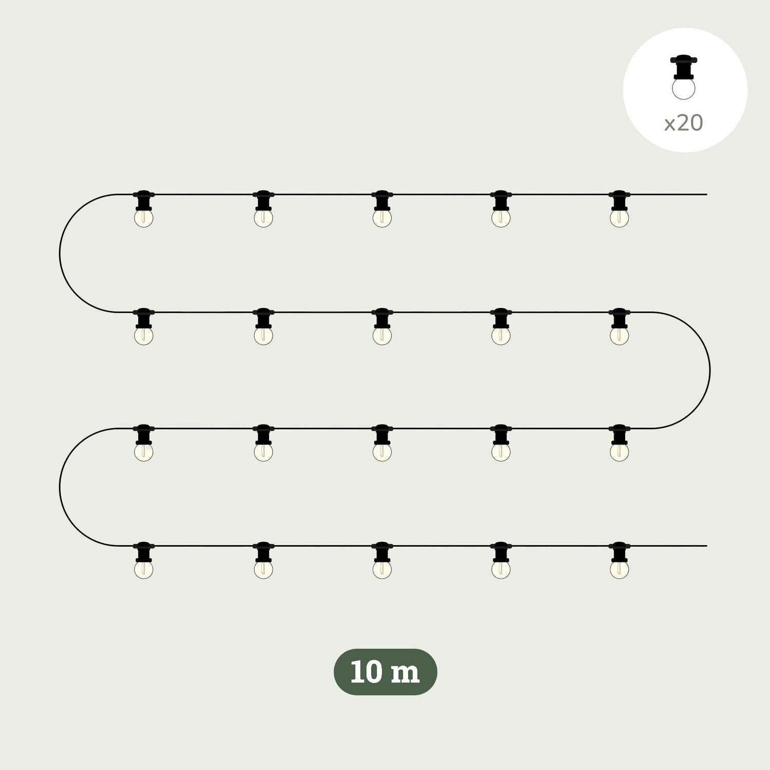 Illustration d’une guirlande lumineuse extérieure Forest Grill de 10 mètres, comprenant 20 ampoules LED rondes fixées sur un câble noir, parfaite pour décorer un balcon, une terrasse ou un jardin avec une lumière douce et élégante.