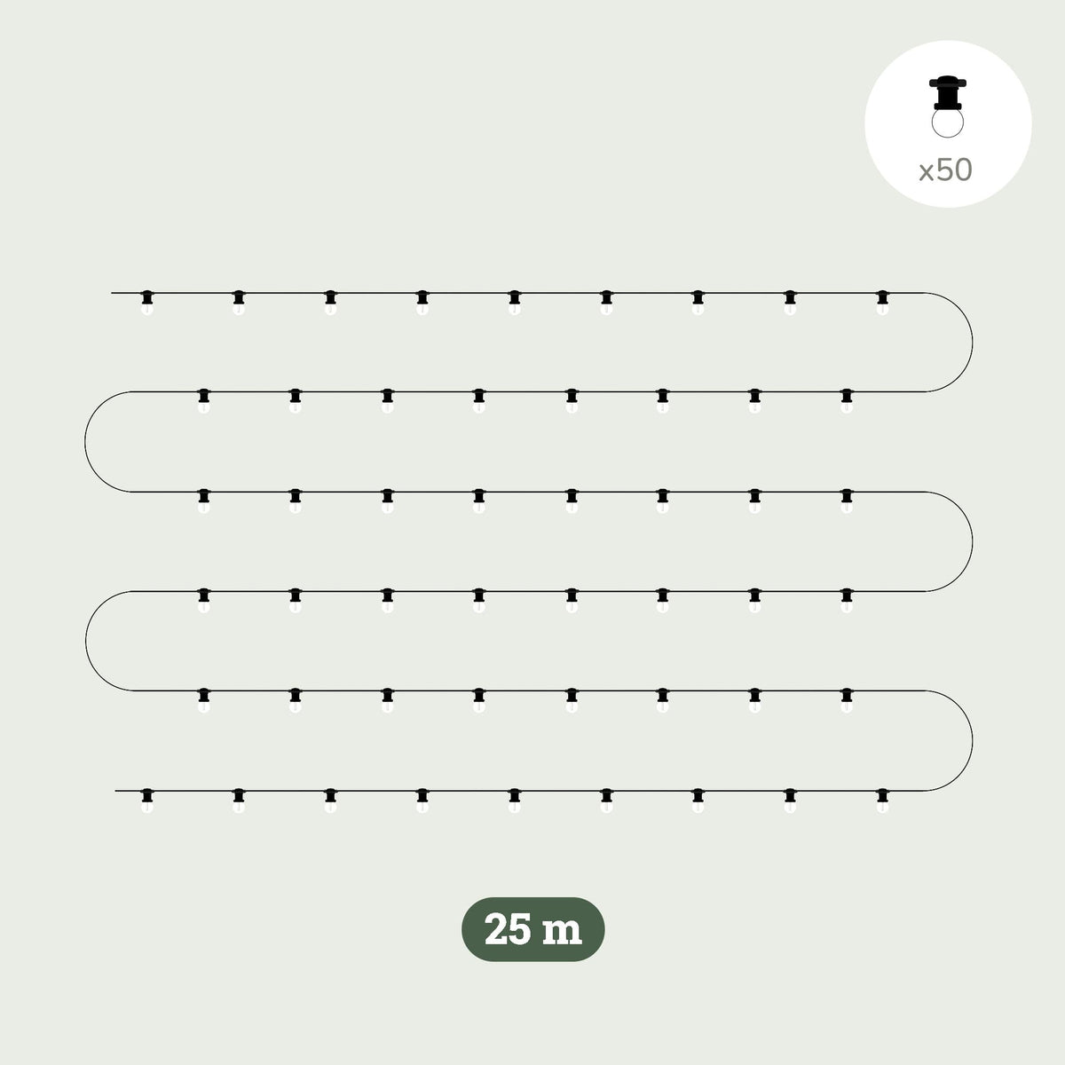Illustration d’une guirlande lumineuse extérieure Forest Grill de 25 mètres, composée de 50 ampoules rondes LED réparties sur un câble noir, idéale pour illuminer terrasses, jardins ou pergolas.