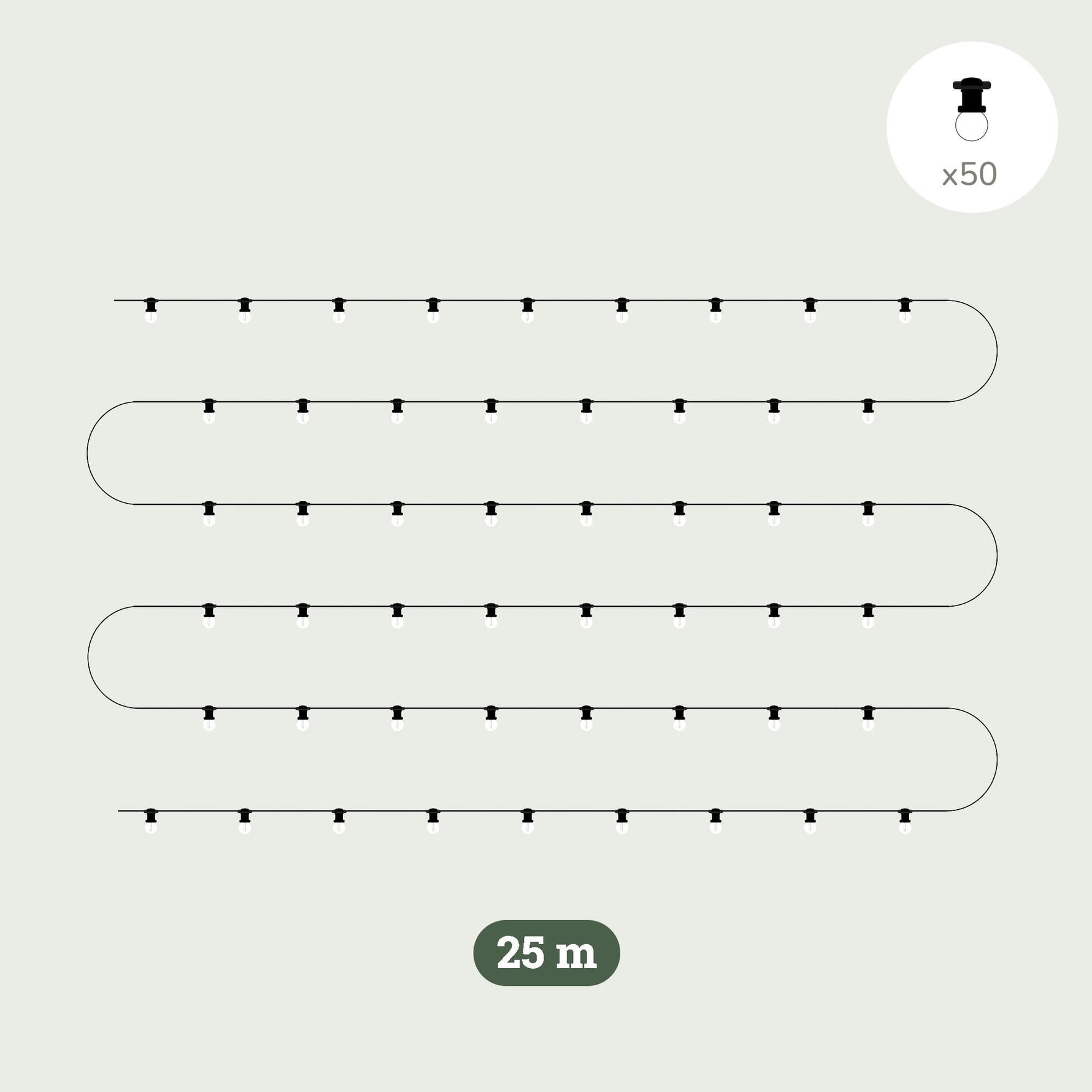 Illustration d’une guirlande lumineuse extérieure Forest Grill de 25 mètres, composée de 50 ampoules rondes LED réparties sur un câble noir, idéale pour illuminer terrasses, jardins ou pergolas.