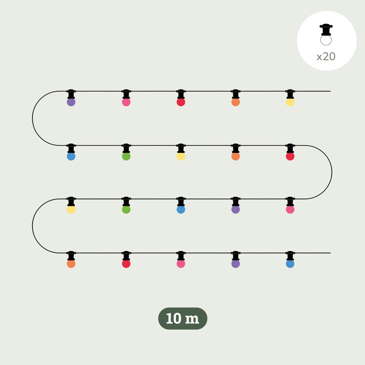 Illustration d’une guirlande lumineuse extérieure multicolore de 10 mètres, comportant 20 ampoules colorées réparties uniformément sur un câble noir, présentée sur un fond clair.