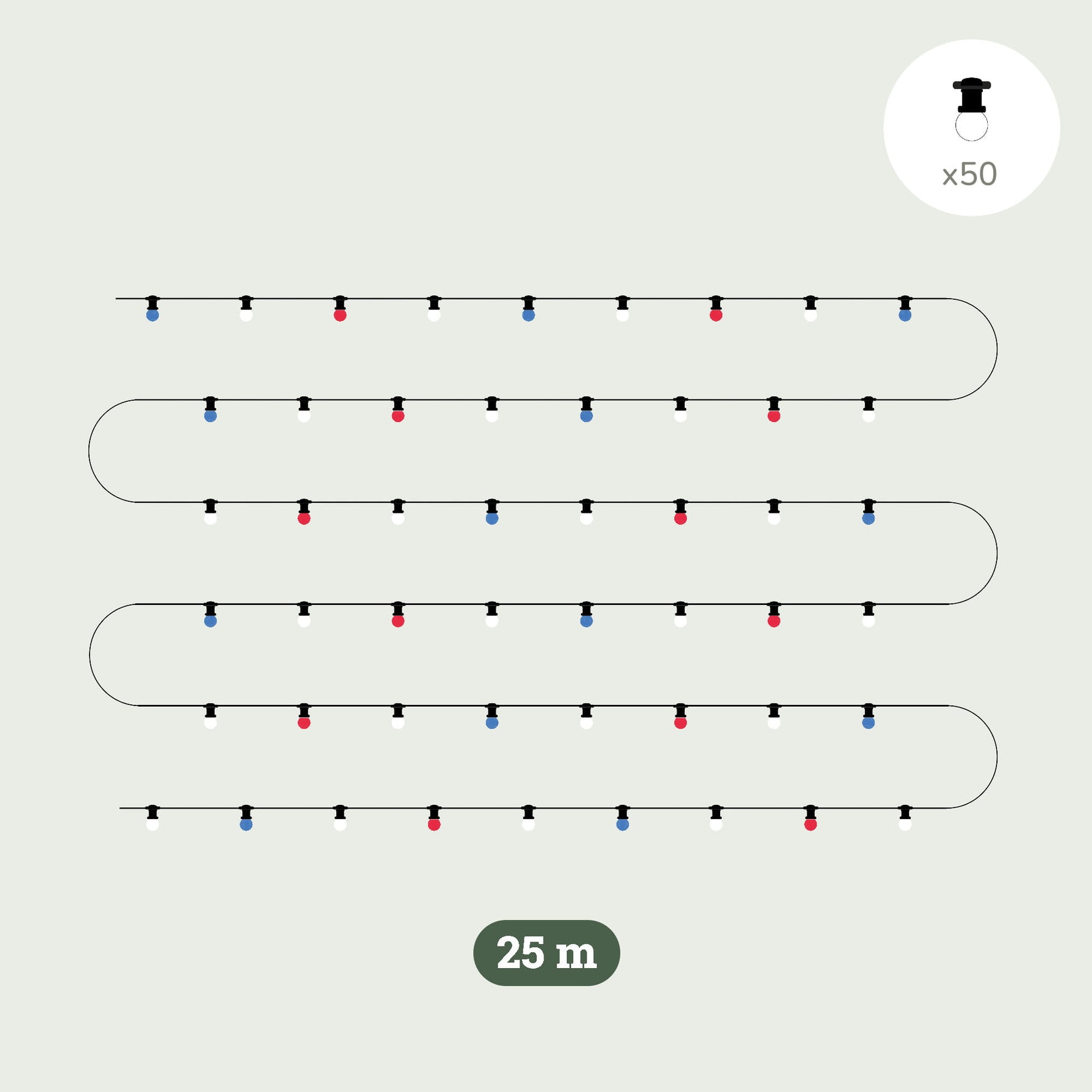 Illustration de la guirlande lumineuse Forest Grill Fête Nationale 25 m, comprenant 50 ampoules LED bleues, blanches et rouges réparties sur un long câble noir.