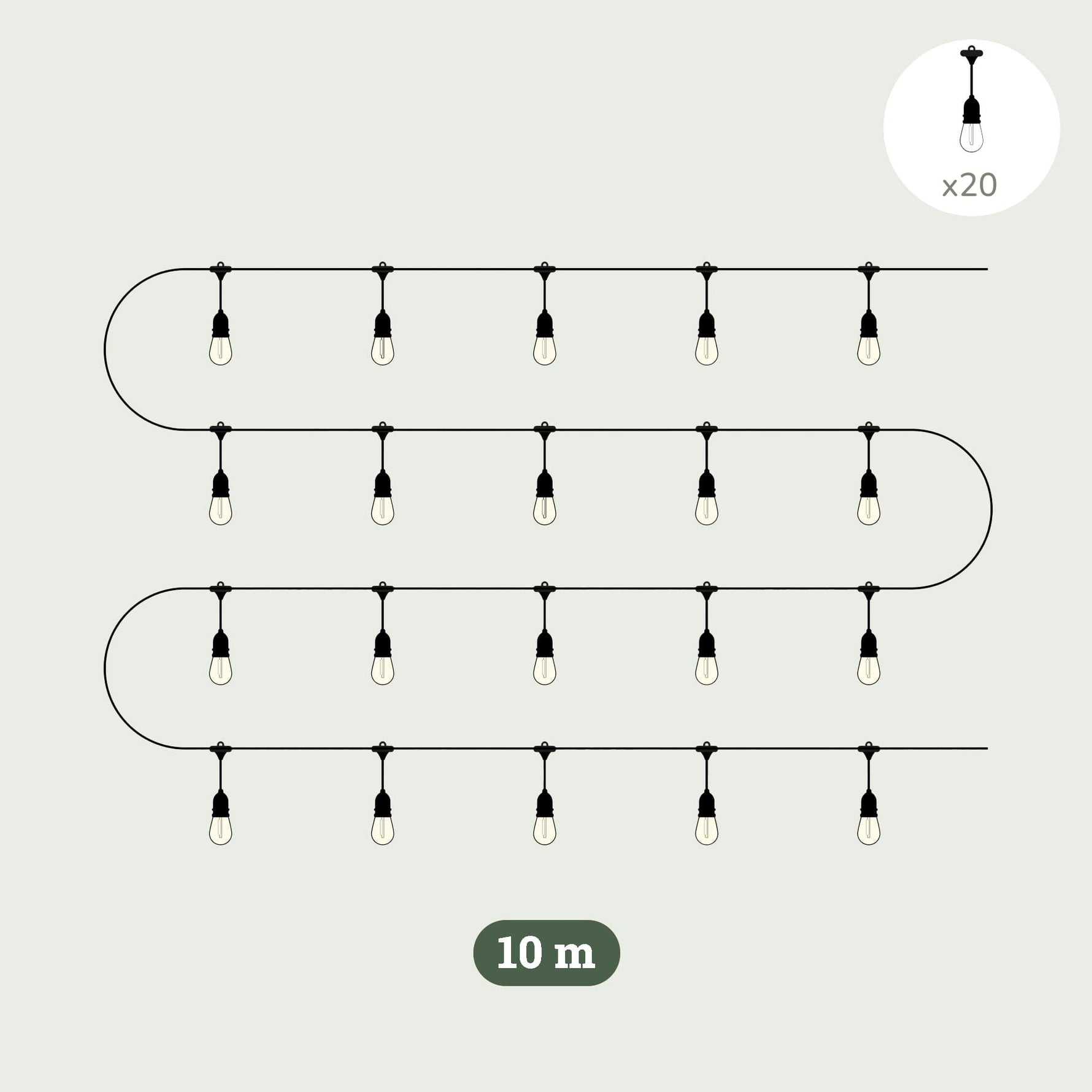 Illustration d'une guirlande lumineuse Goutte Forest Grill 10 m, équipée de 20 ampoules suspendues diffusant une lumière blanche chaude pour un éclairage extérieur élégant et durable.