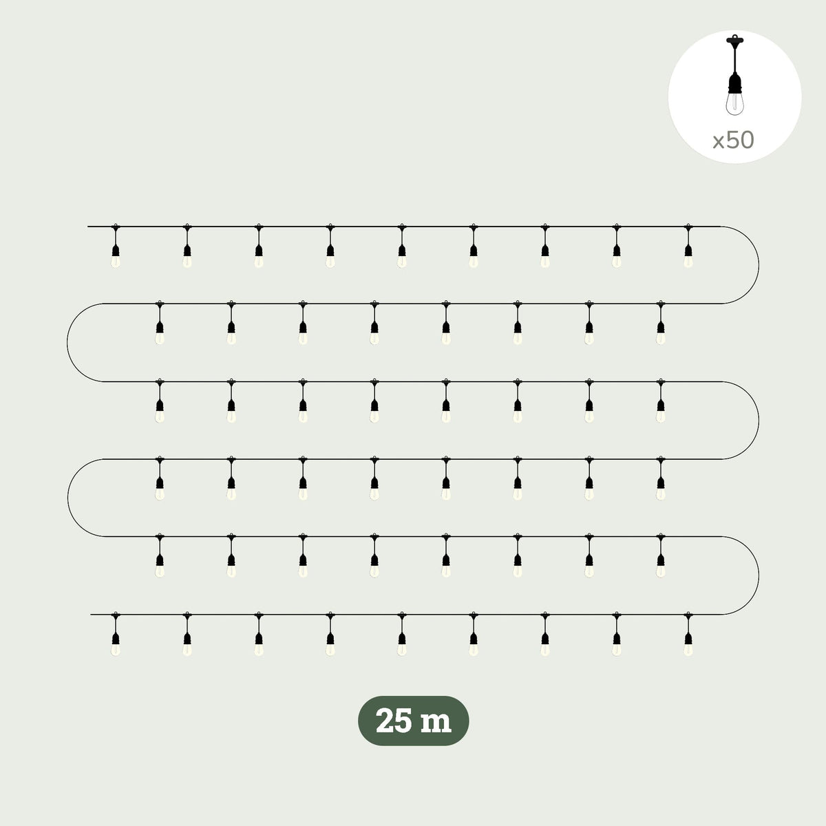 Illustration d’une guirlande lumineuse extérieure Forest Grill de 25 mètres, composée de 50 ampoules goutte suspendues sur un câble noir, idéale pour éclairer terrasses et jardins.