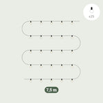 Illustration technique de la guirlande lumineuse extérieure Forest Grill Goya 7,5 m, composée de 25 ampoules rondes à filament LED réparties régulièrement le long d’un câble noir pour une éclairage décoratif chaleureux adapté aux terrasses et jardins.