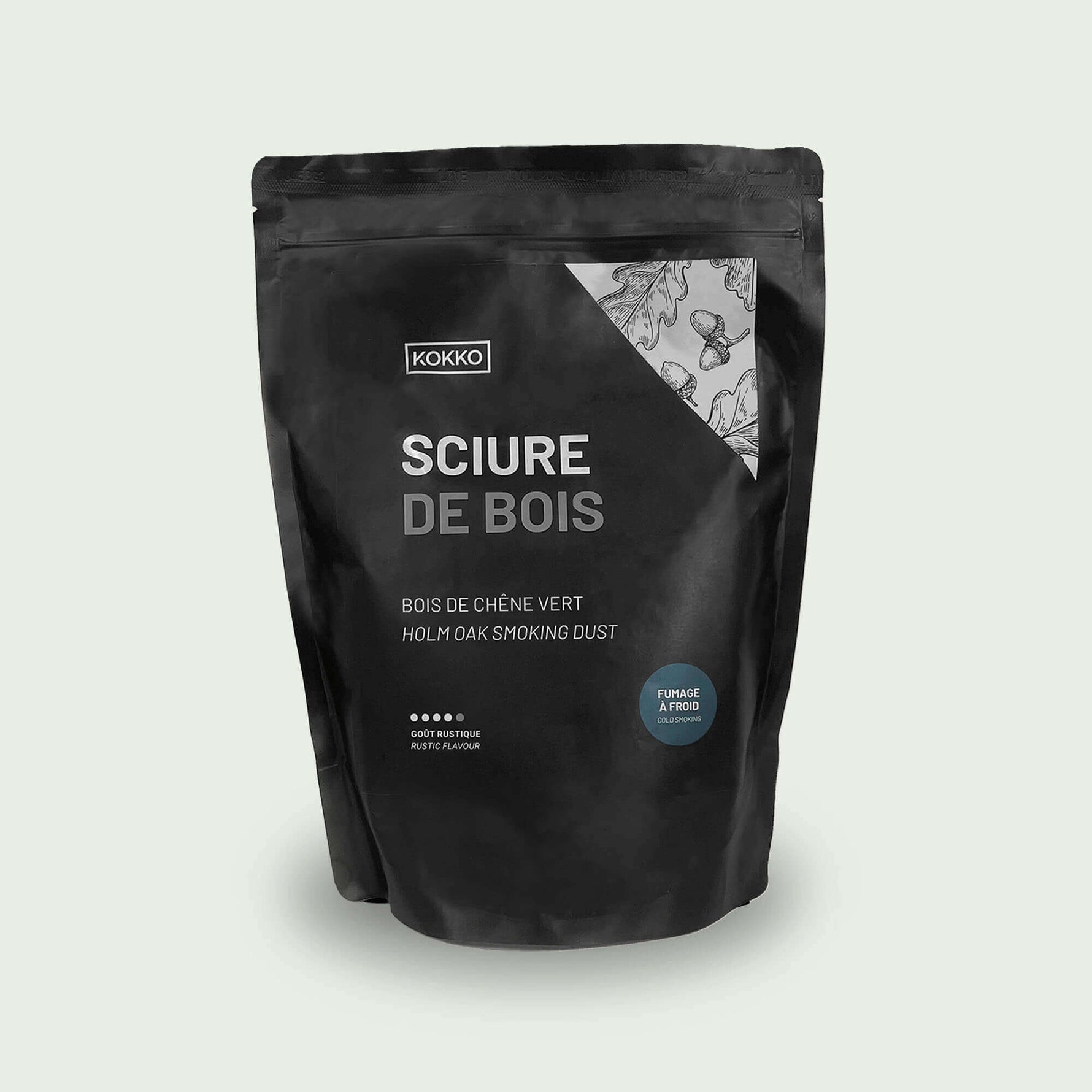 Sachet de sciure de bois de chêne pour fumage à froid, idéal pour un goût boisé intense et authentique.