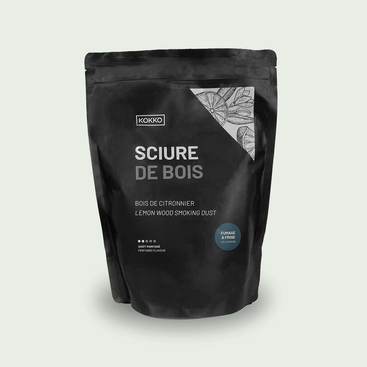 Sachet de sciure de bois de citronnier pour fumage à froid, diffusant une saveur fraîche et citronnée.