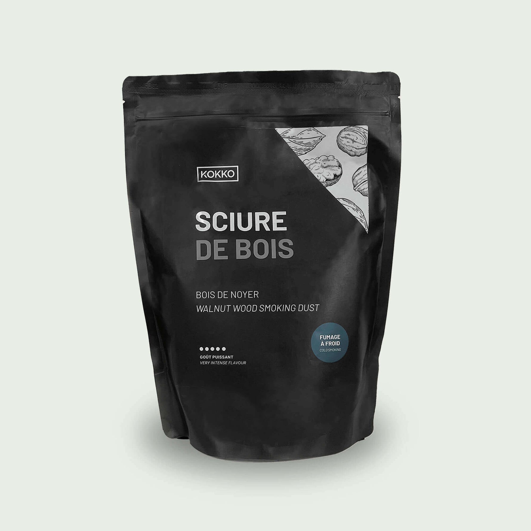 Sachet de sciure de bois de noyer pour fumage à froid, offrant un arôme riche et légèrement corsé.