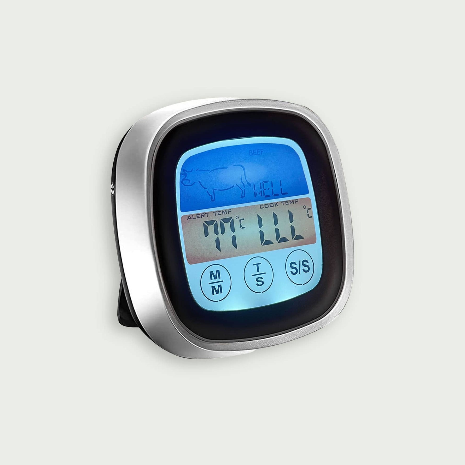 Thermomètre de cuisson électronique avec écran rétroéclairé bleu affichant la température et le type de viande pour une cuisson précise au barbecue kamado.